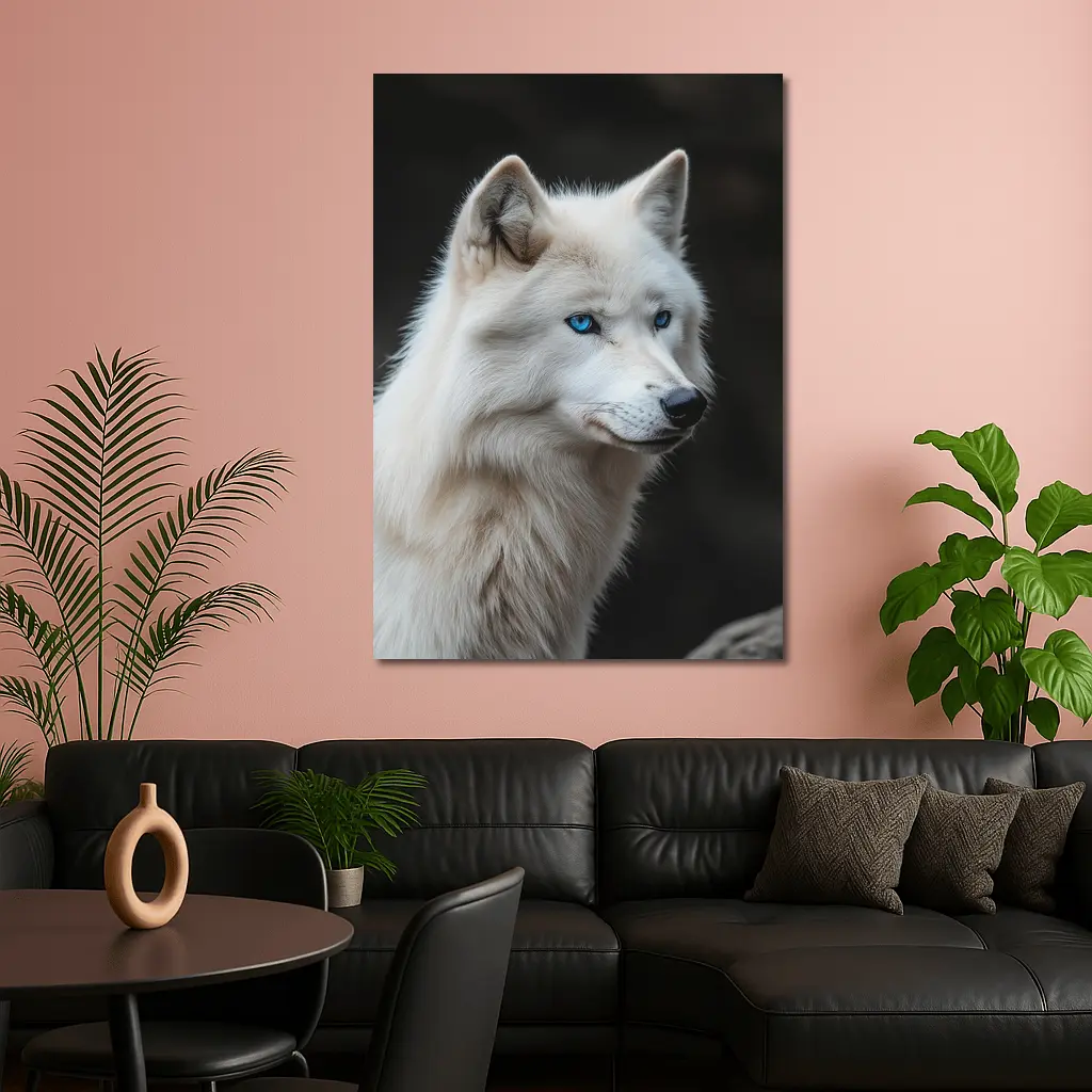 White Wolf Blue Eyes Dark Background – Wall Art