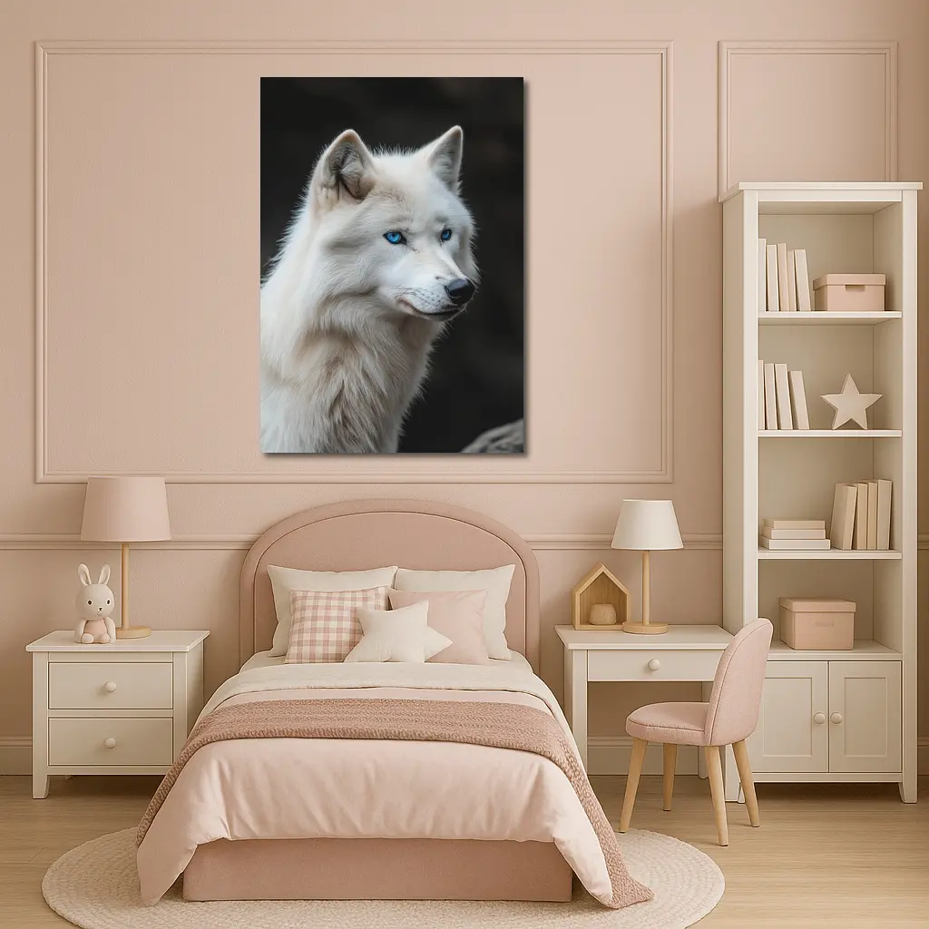 White Wolf Blue Eyes Dark Background – Wall Art