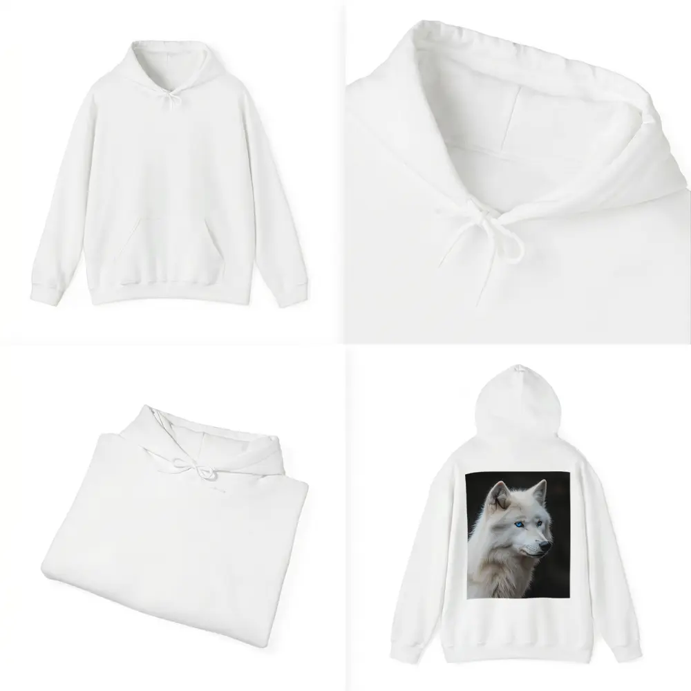 White Wolf Blue Eyes Dark Background – Hoodies