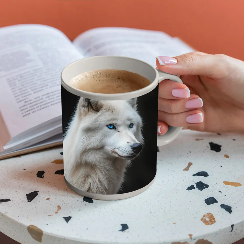White Wolf Blue Eyes Dark Background – Mugs