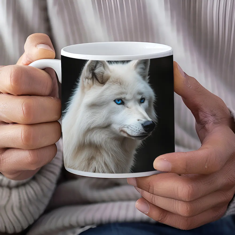 White Wolf Blue Eyes Dark Background – Mugs