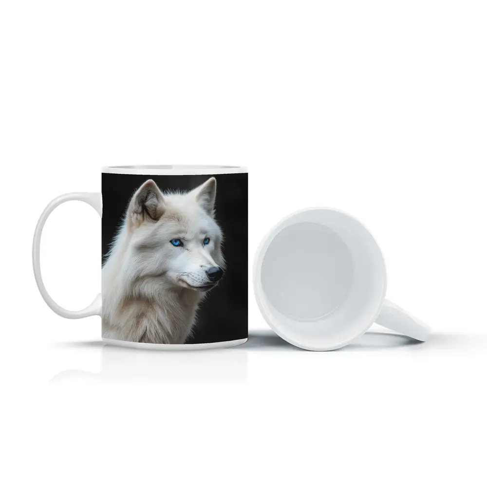 White Wolf Blue Eyes Dark Background – Mugs