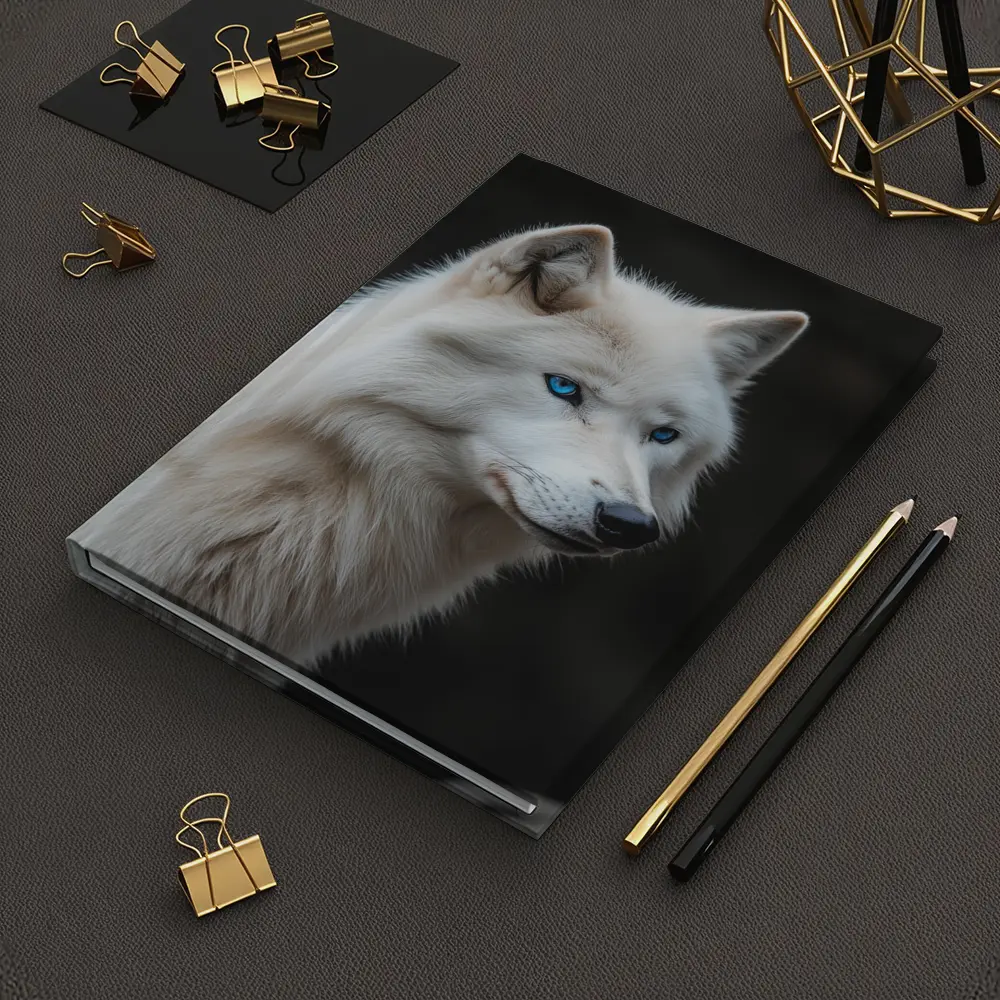 White Wolf Blue Eyes Dark Background – Notebooks