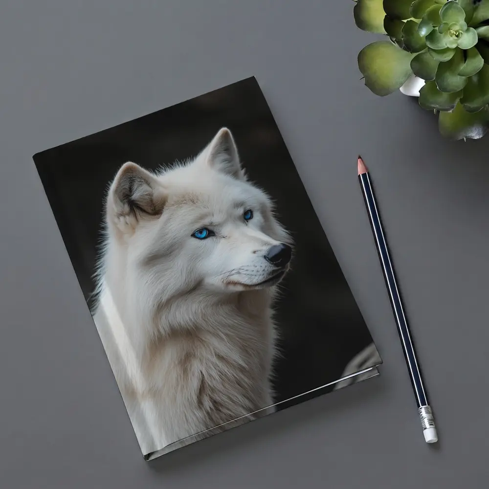 White Wolf Blue Eyes Dark Background – Notebooks