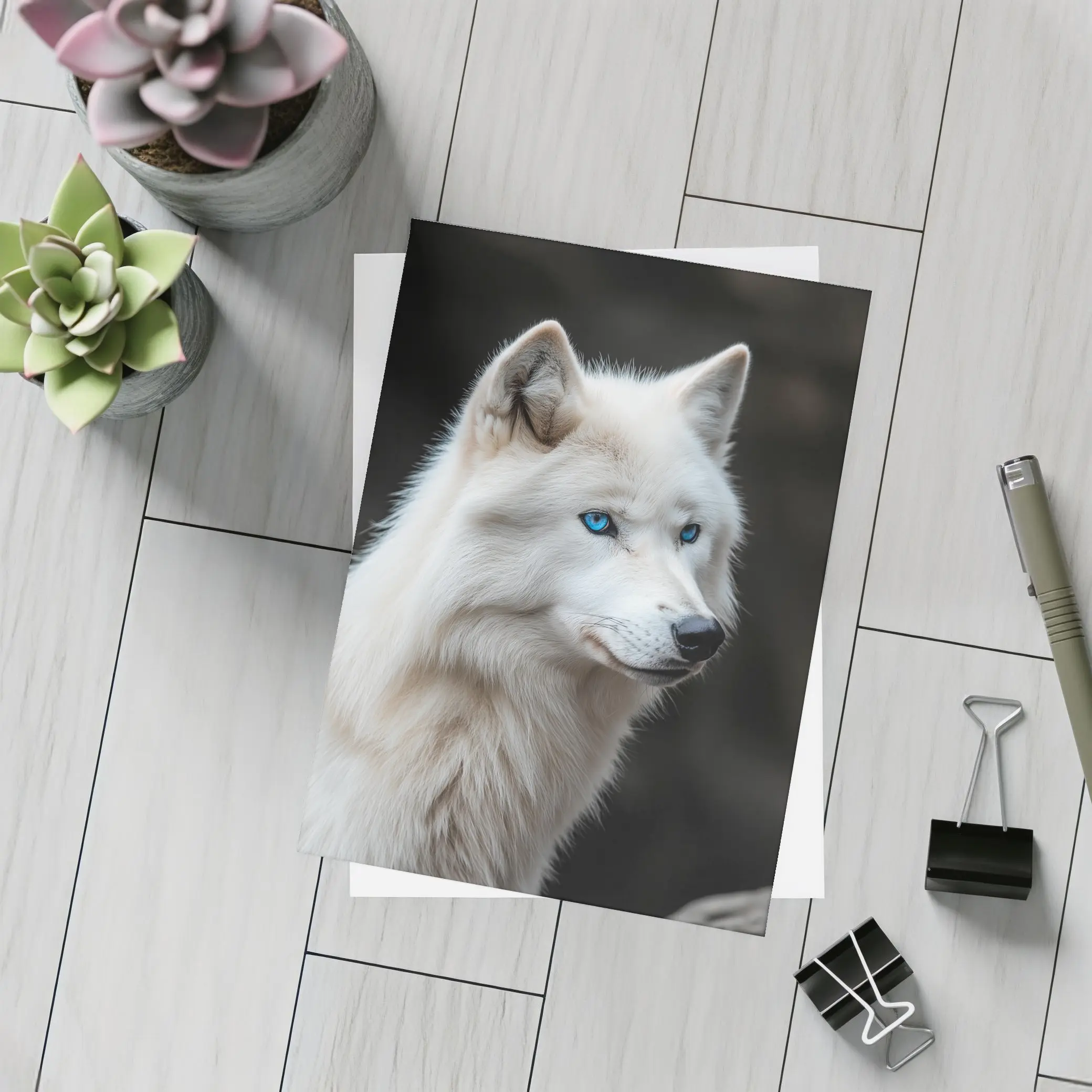 White Wolf Blue Eyes Dark Background – Postcards