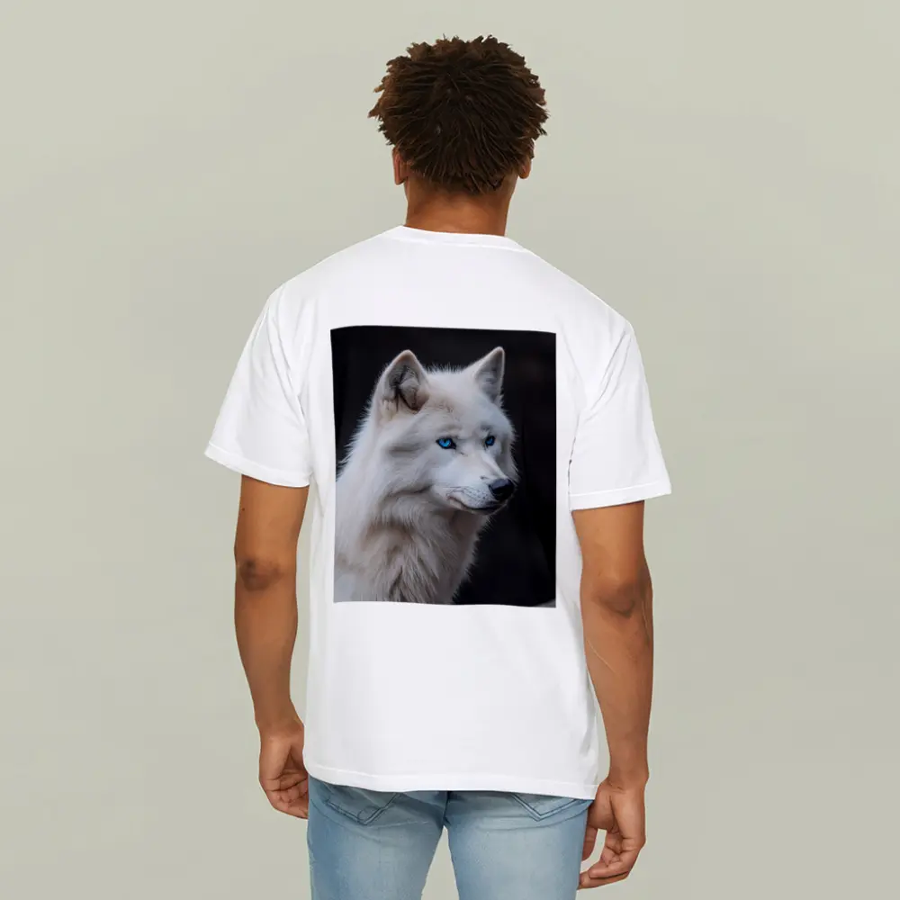 White Wolf Blue Eyes Dark Background – T-Shirts
