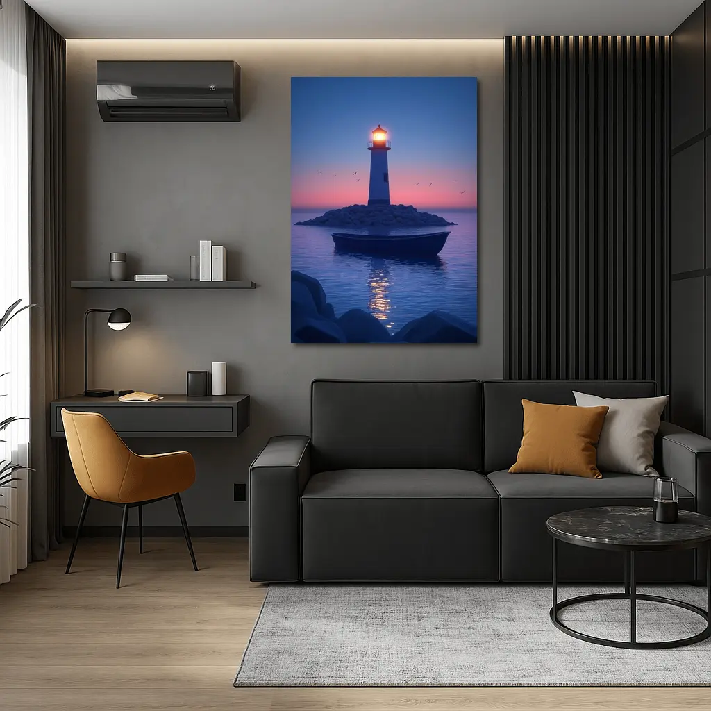 Lighthouse Glowing at Dusk Over Calm Sea – Wall Art