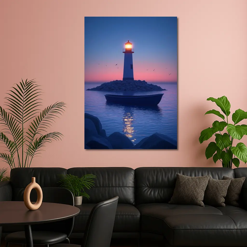 Lighthouse Glowing at Dusk Over Calm Sea – Wall Art