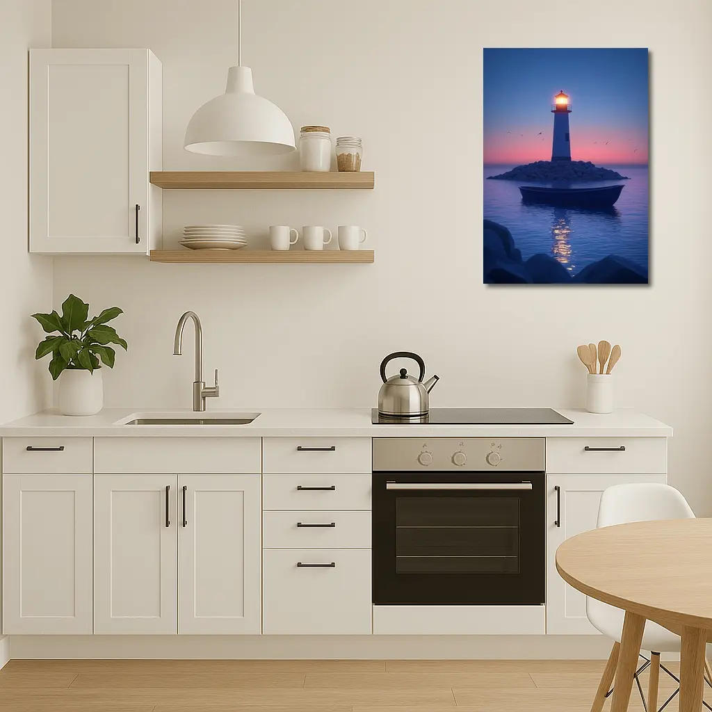 Lighthouse Glowing at Dusk Over Calm Sea – Wall Art
