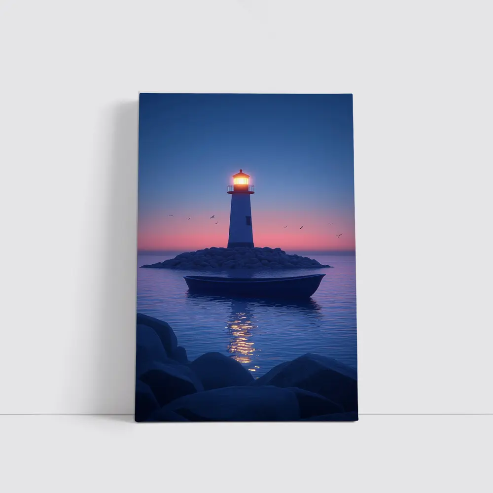 Lighthouse Glowing at Dusk Over Calm Sea – Wall Art