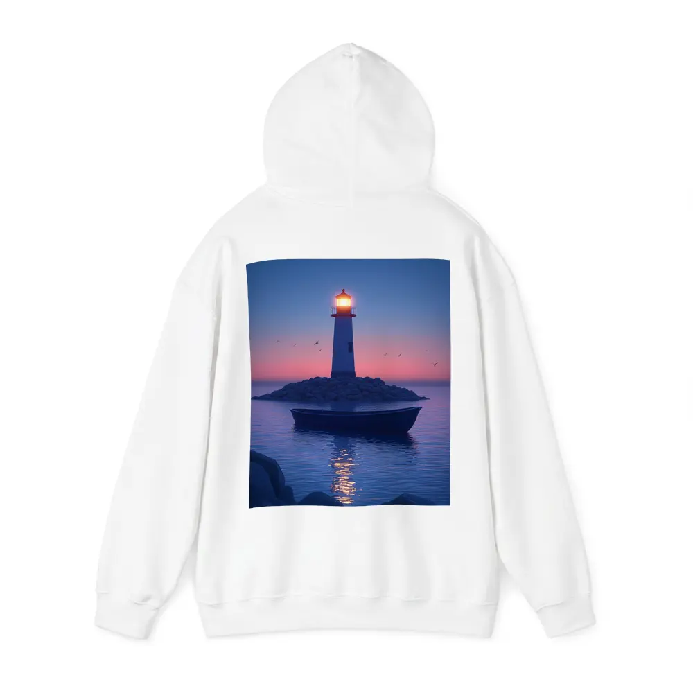 Lighthouse Glowing at Dusk Over Calm Sea – Hoodies