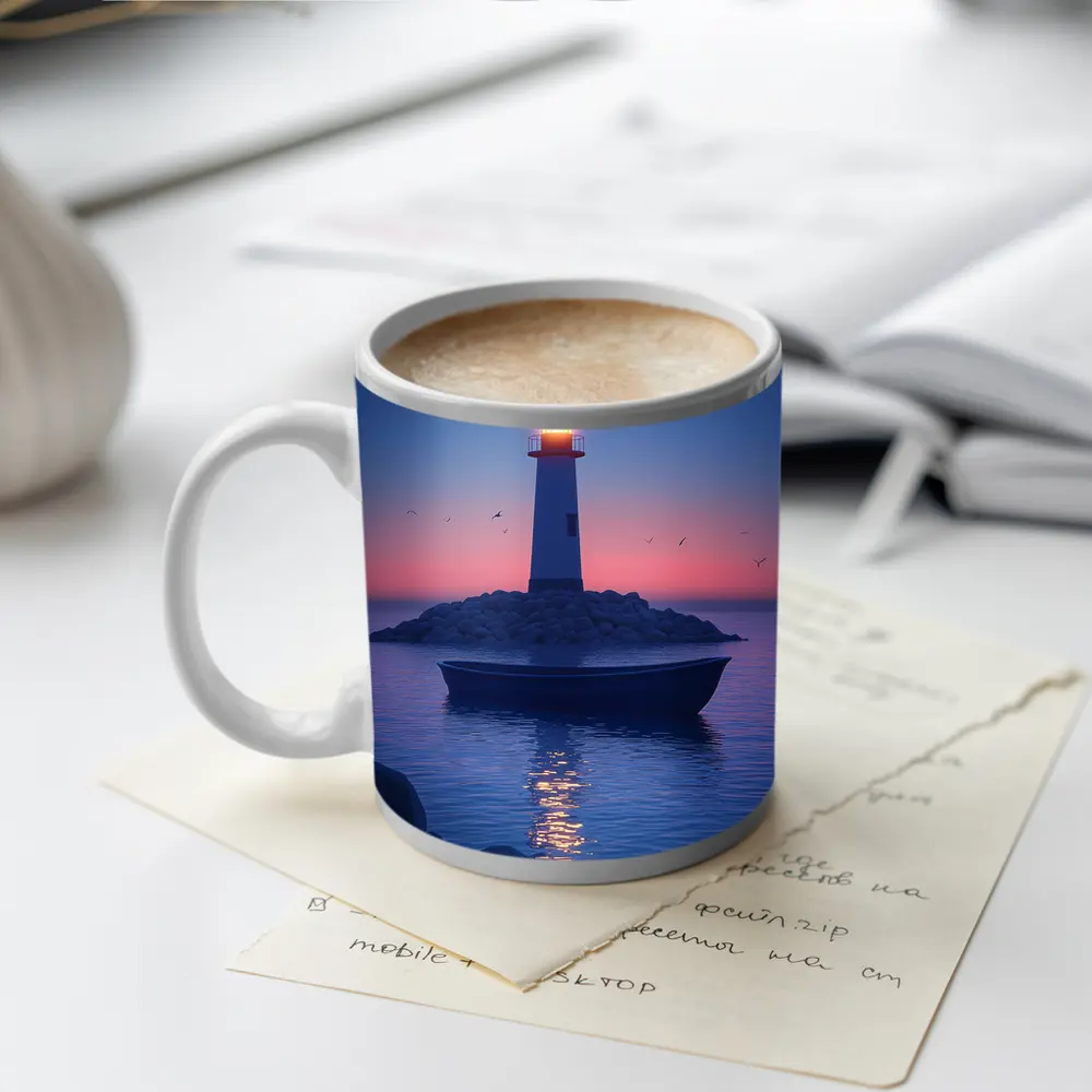 Lighthouse Glowing at Dusk Over Calm Sea – Mugs