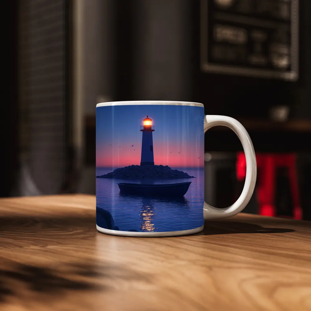Lighthouse Glowing at Dusk Over Calm Sea – Mugs