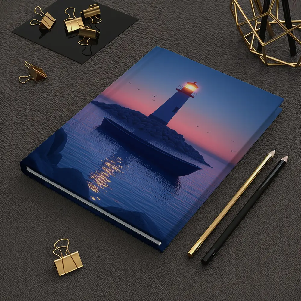 Lighthouse Glowing at Dusk Over Calm Sea – Notebooks