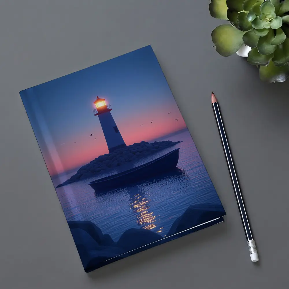 Lighthouse Glowing at Dusk Over Calm Sea – Notebooks