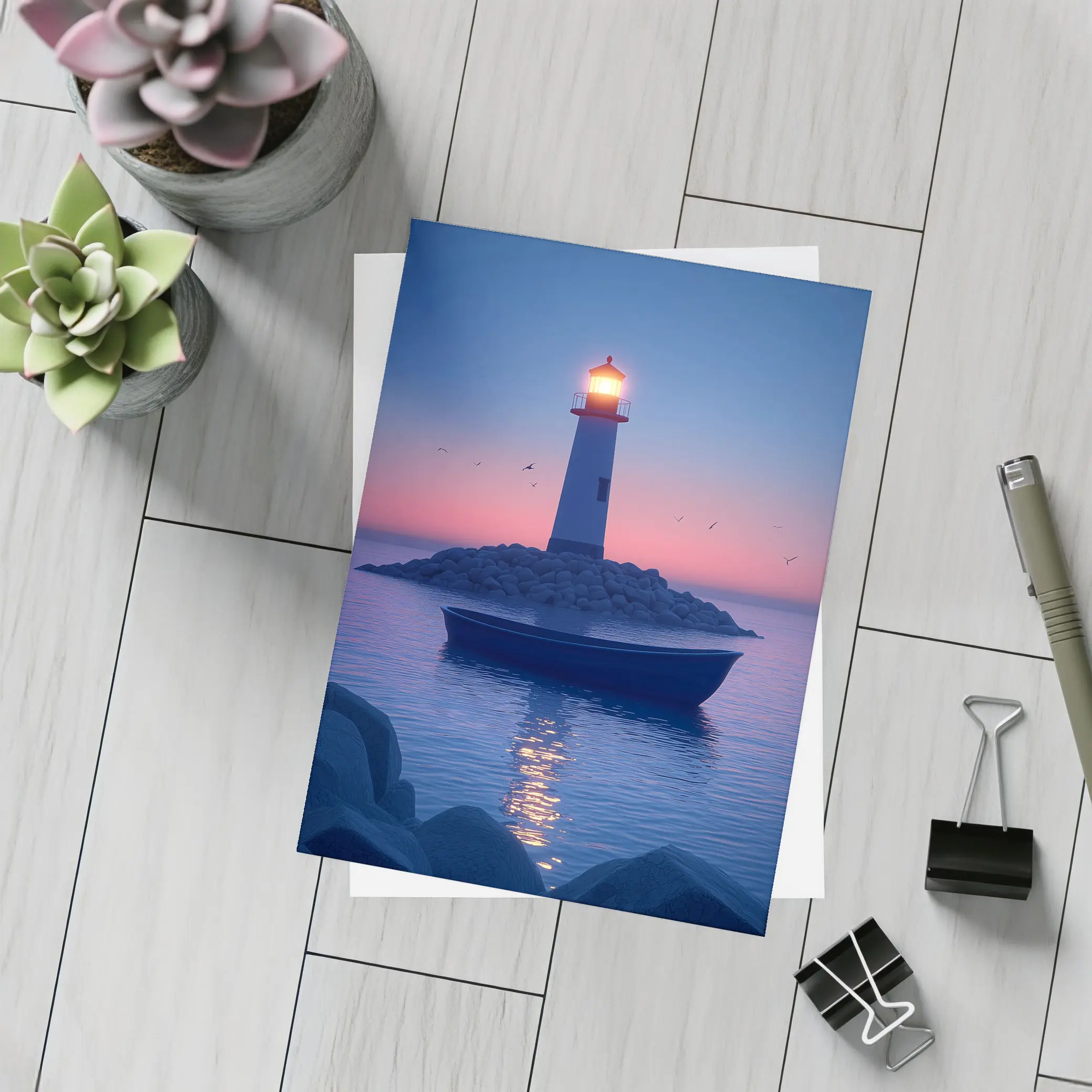 Lighthouse Glowing at Dusk Over Calm Sea – Postcards
