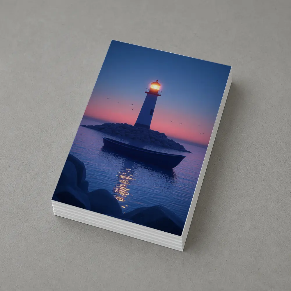 Lighthouse Glowing at Dusk Over Calm Sea – Postcards