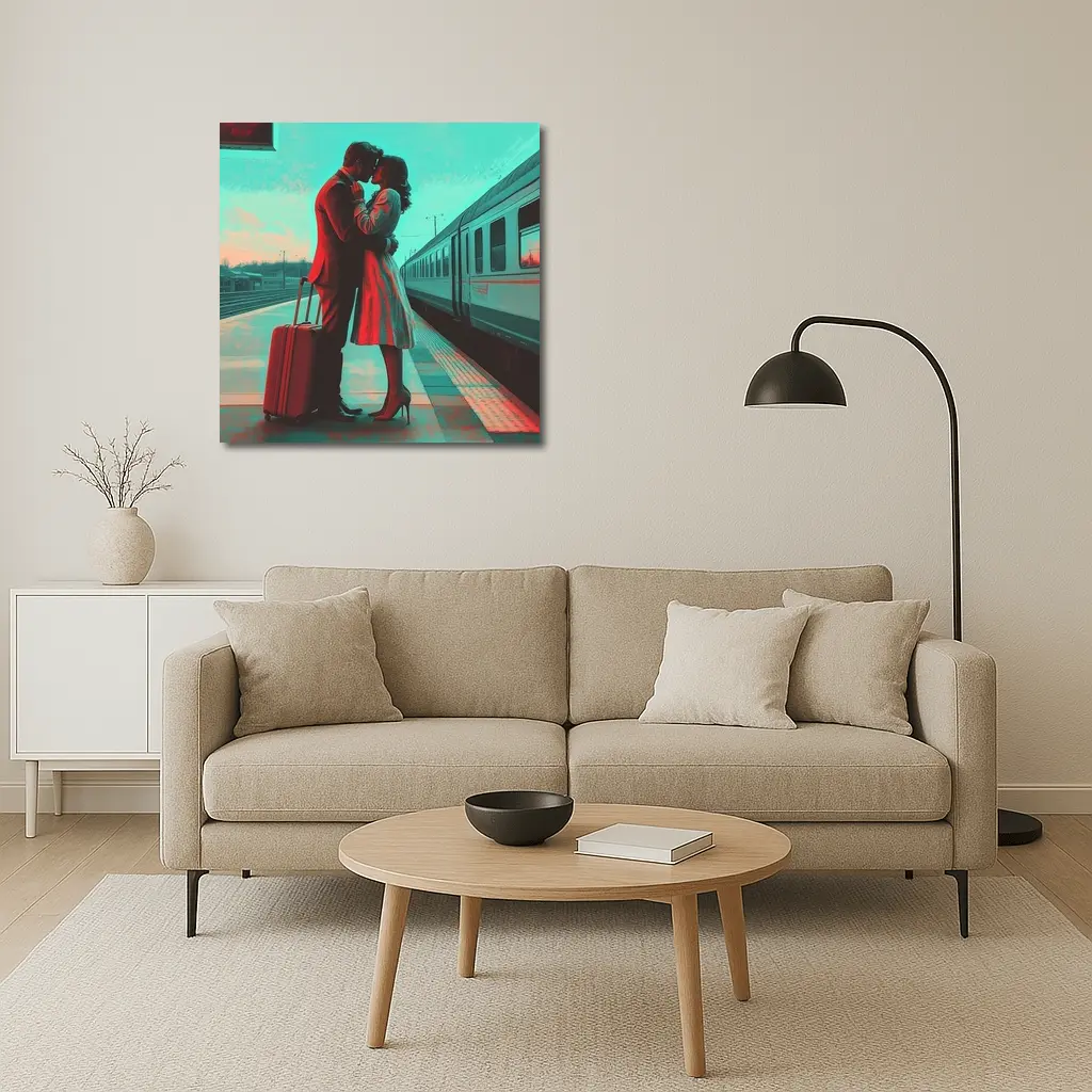 Couple Kissing Farewell at Train Station – Wall Art