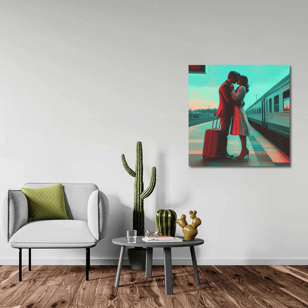 Couple Kissing Farewell at Train Station – Wall Art