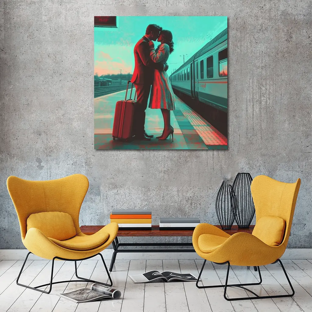 Couple Kissing Farewell at Train Station – Wall Art