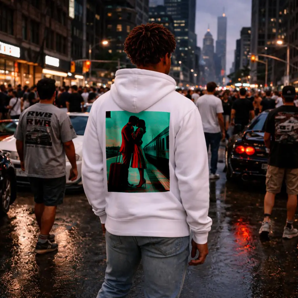 Couple Kissing Farewell at Train Station – Hoodies