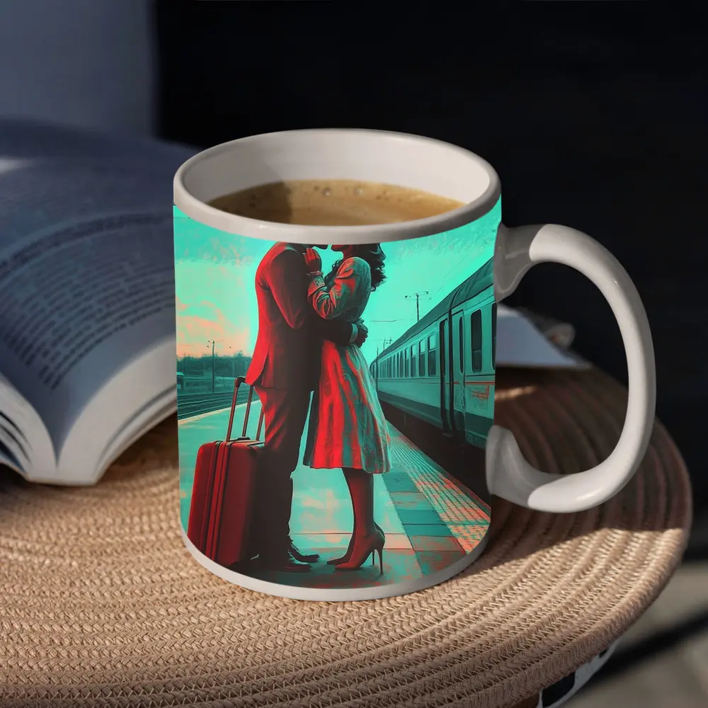 Couple Kissing Farewell at Train Station – Mugs