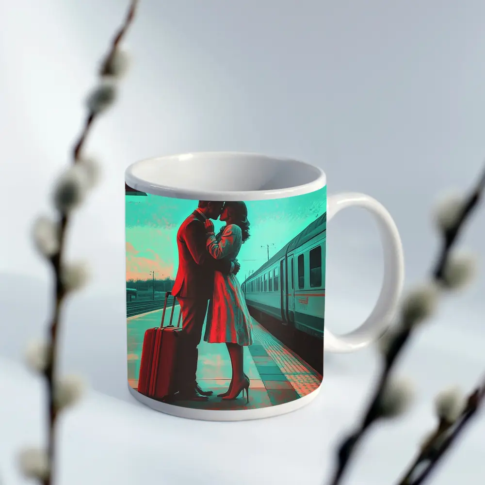 Couple Kissing Farewell at Train Station – Mugs