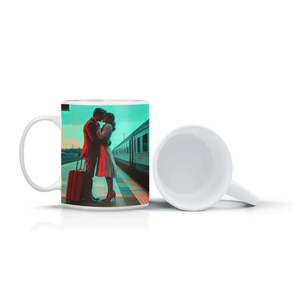 Couple Kissing Farewell at Train Station – Mugs