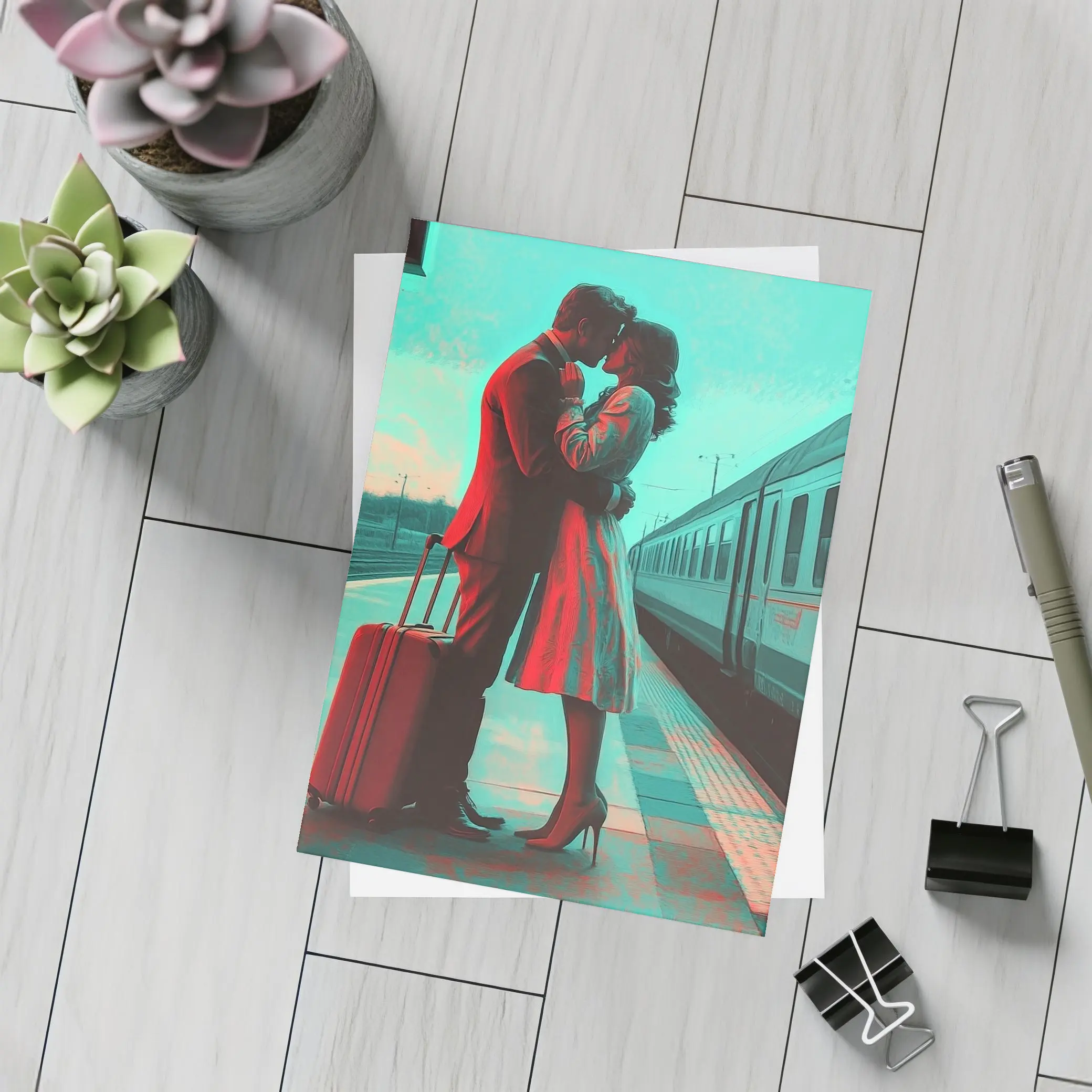 Couple Kissing Farewell at Train Station – Postcards
