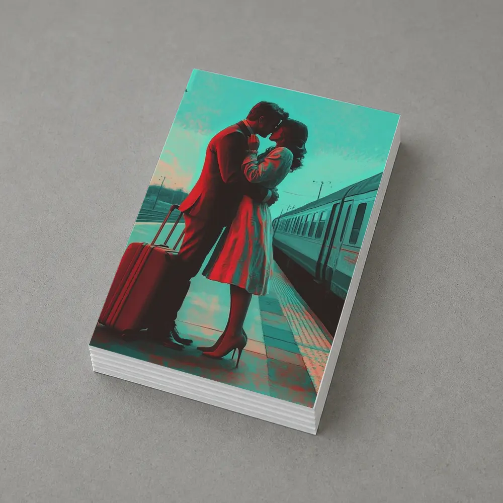 Couple Kissing Farewell at Train Station – Postcards