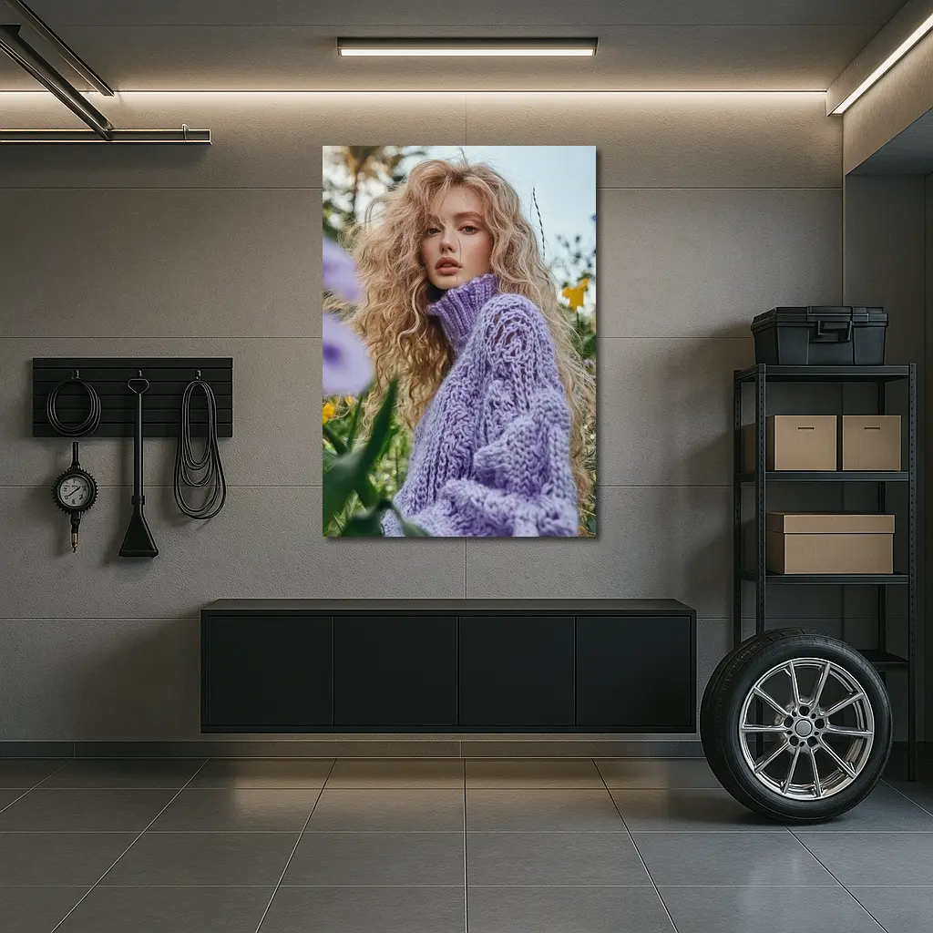 Blonde Woman Purple Knit Sweater Flower Field – Wall Art