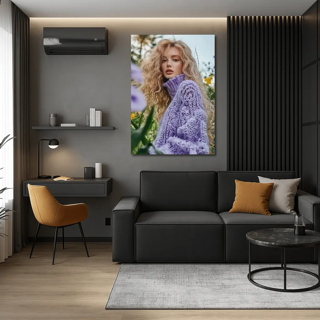 Blonde Woman Purple Knit Sweater Flower Field – Wall Art