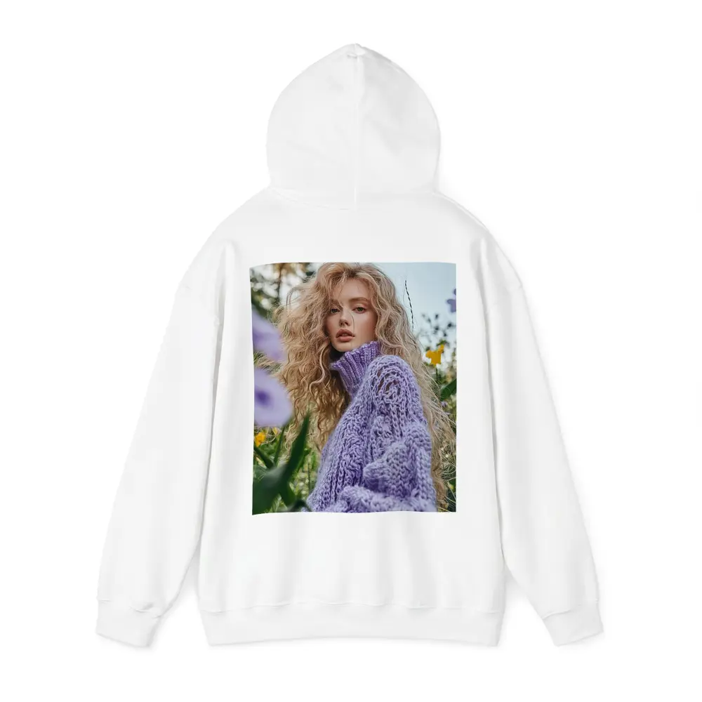 Blonde Woman Purple Knit Sweater Flower Field – Hoodies