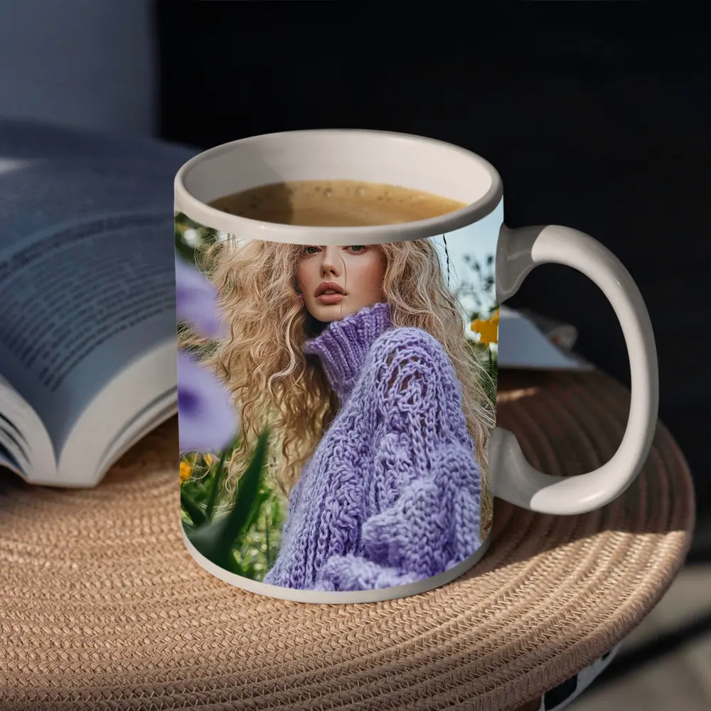 Blonde Woman Purple Knit Sweater Flower Field – Mugs