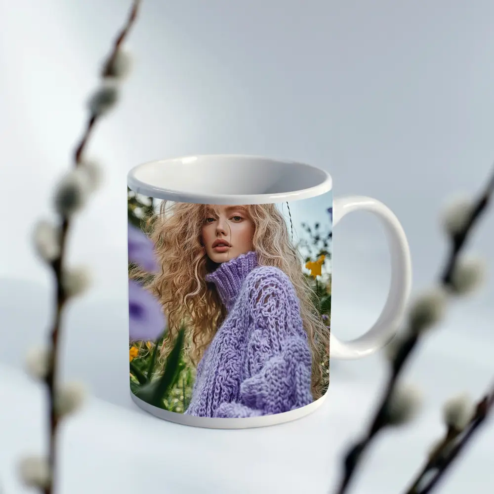 Blonde Woman Purple Knit Sweater Flower Field – Mugs