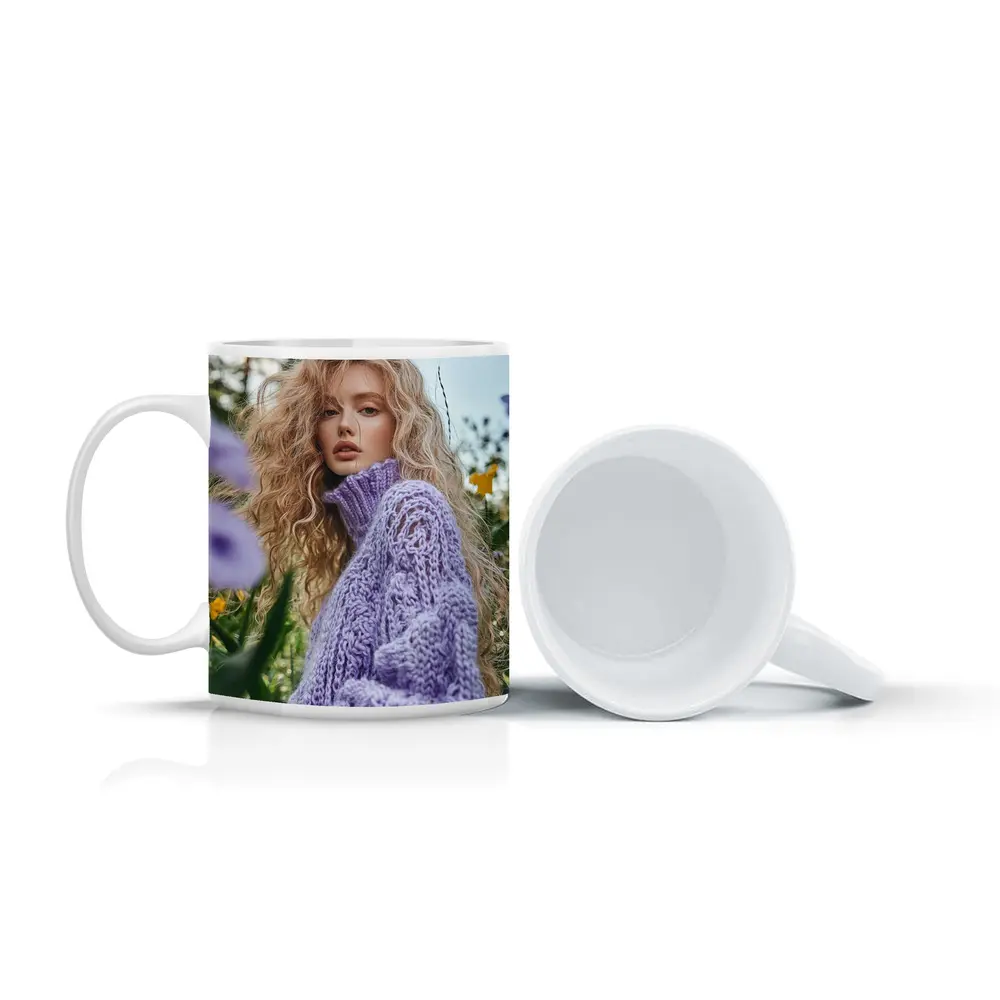 Blonde Woman Purple Knit Sweater Flower Field – Mugs