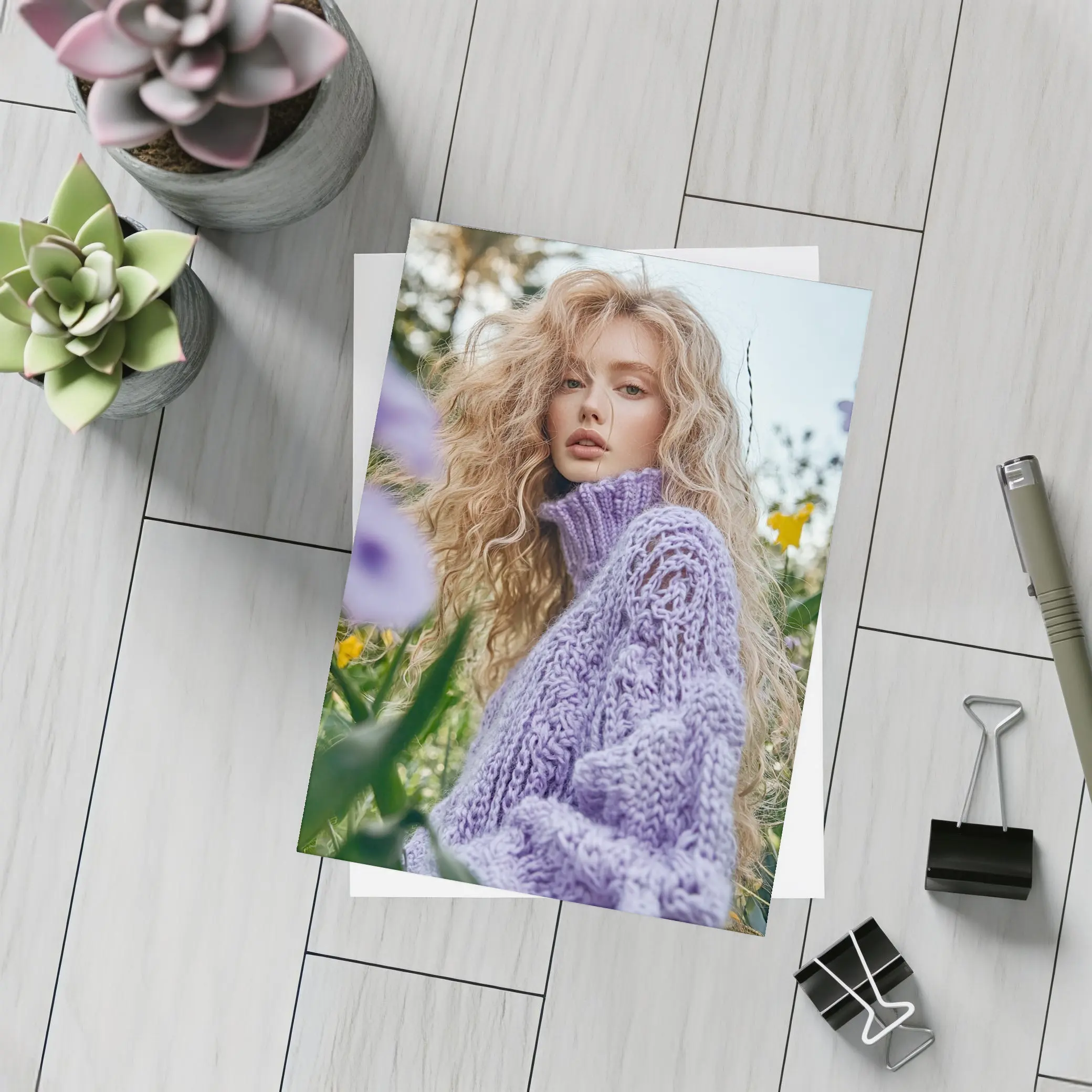 Blonde Woman Purple Knit Sweater Flower Field – Postcards