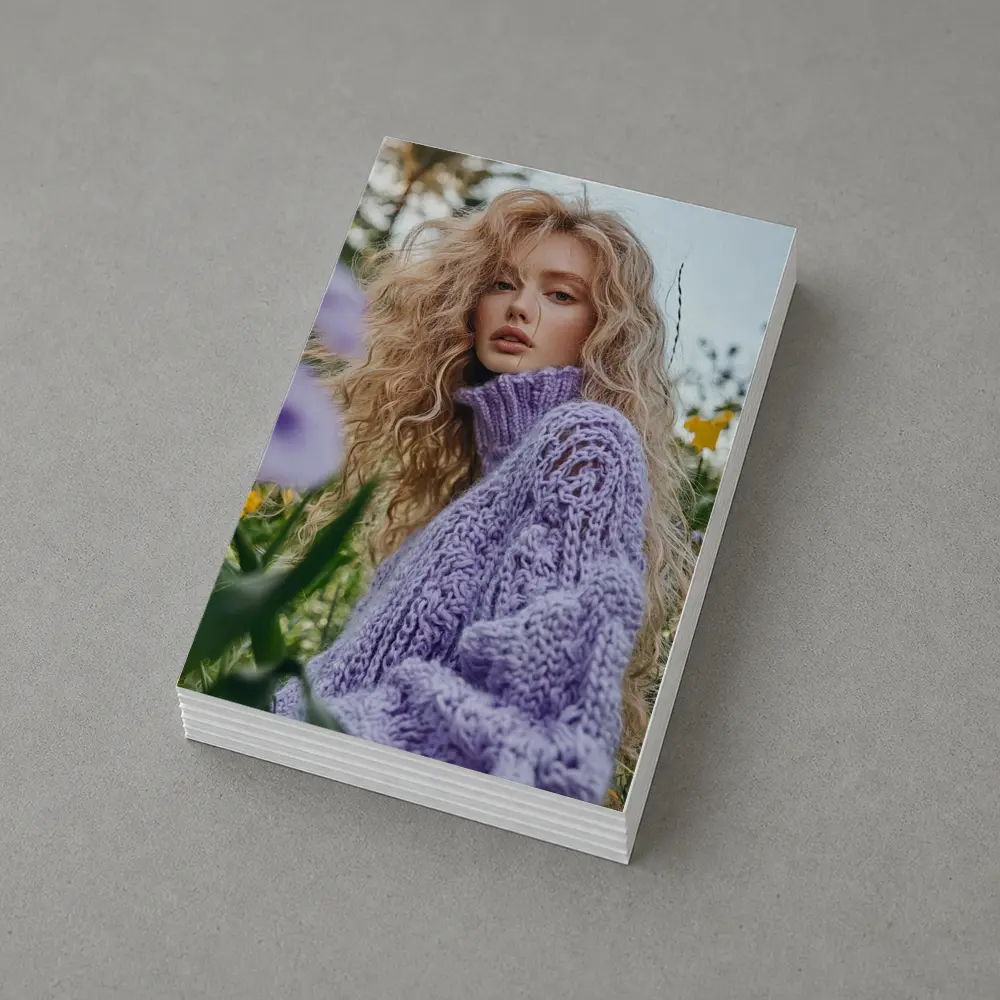 Blonde Woman Purple Knit Sweater Flower Field – Postcards