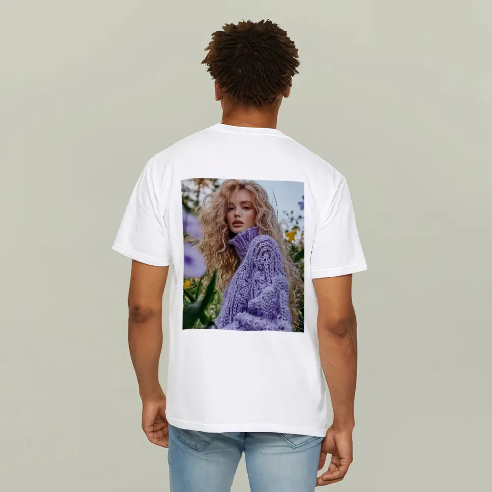 Blonde Woman Purple Knit Sweater Flower Field – T-Shirts