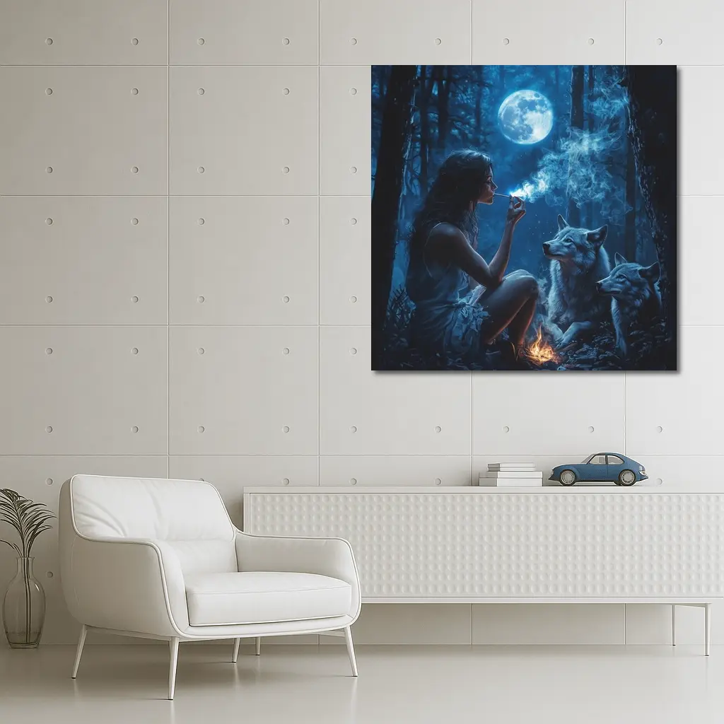 Woman With Wolves Moonlit Dark Forest – Wall Art