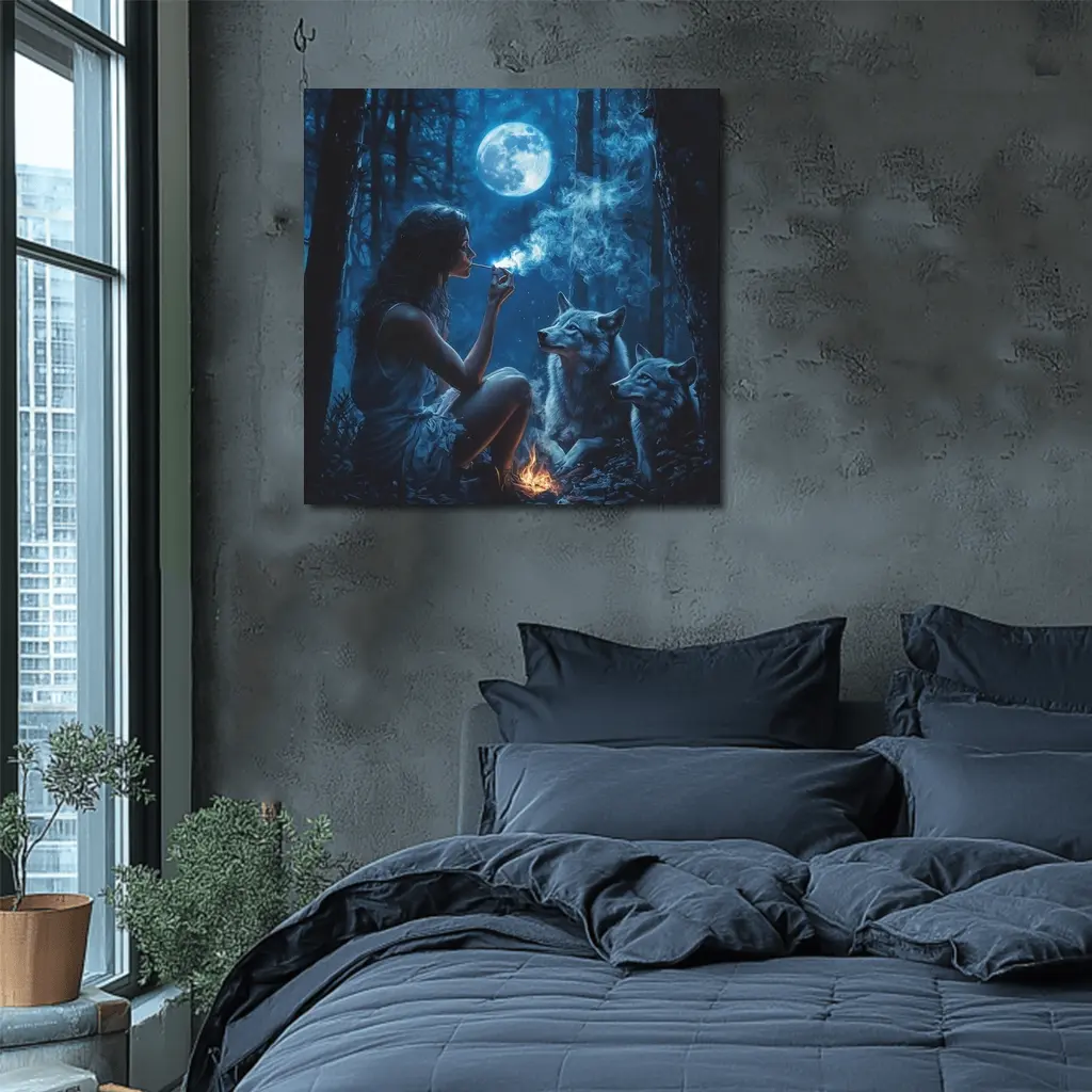 Woman With Wolves Moonlit Dark Forest – Wall Art