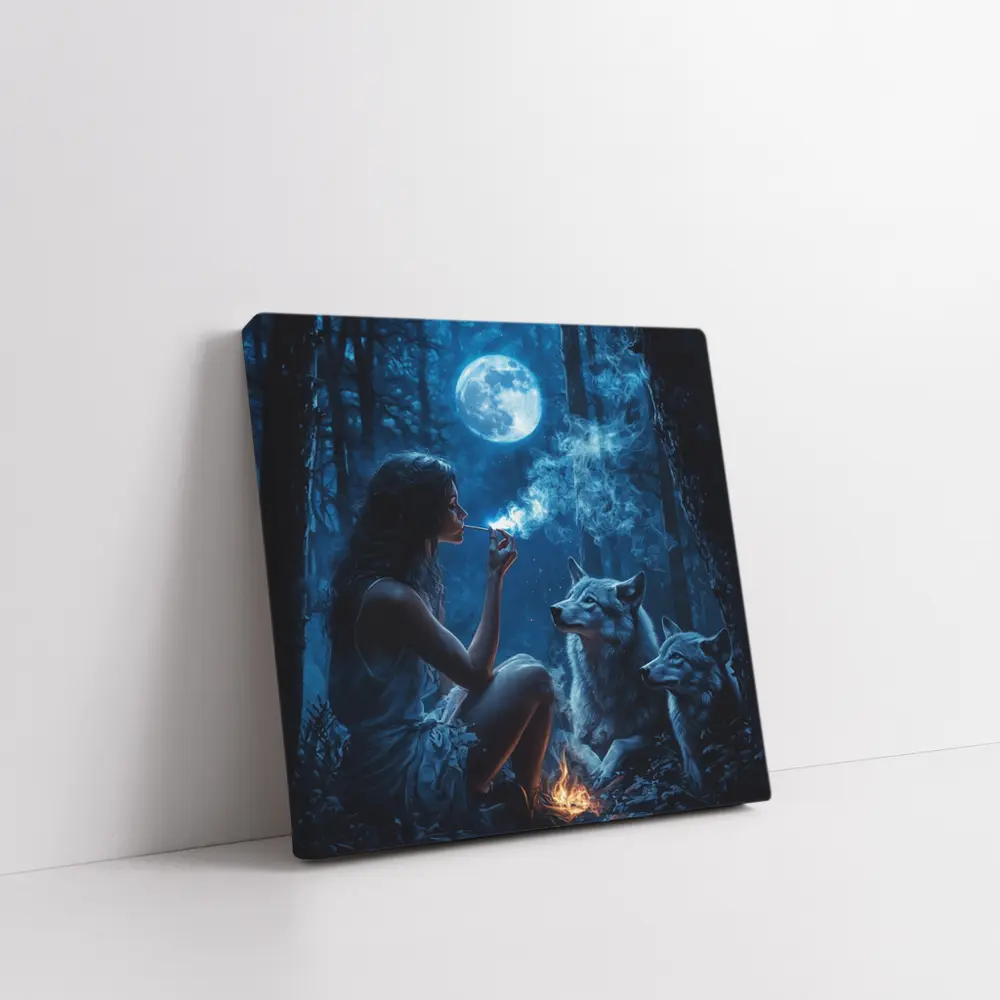 Woman With Wolves Moonlit Dark Forest – Wall Art