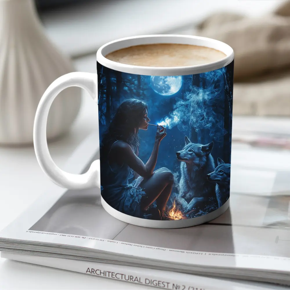 Woman With Wolves Moonlit Dark Forest – Mugs