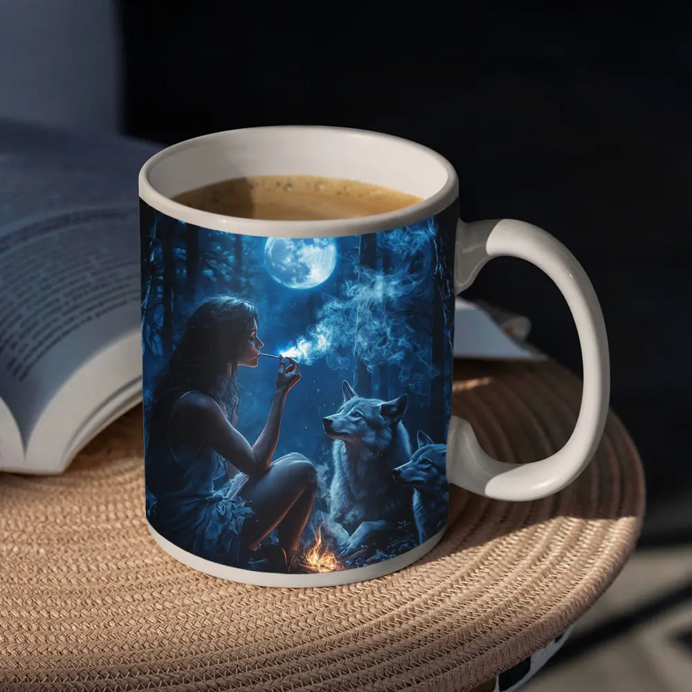 Woman With Wolves Moonlit Dark Forest – Mugs