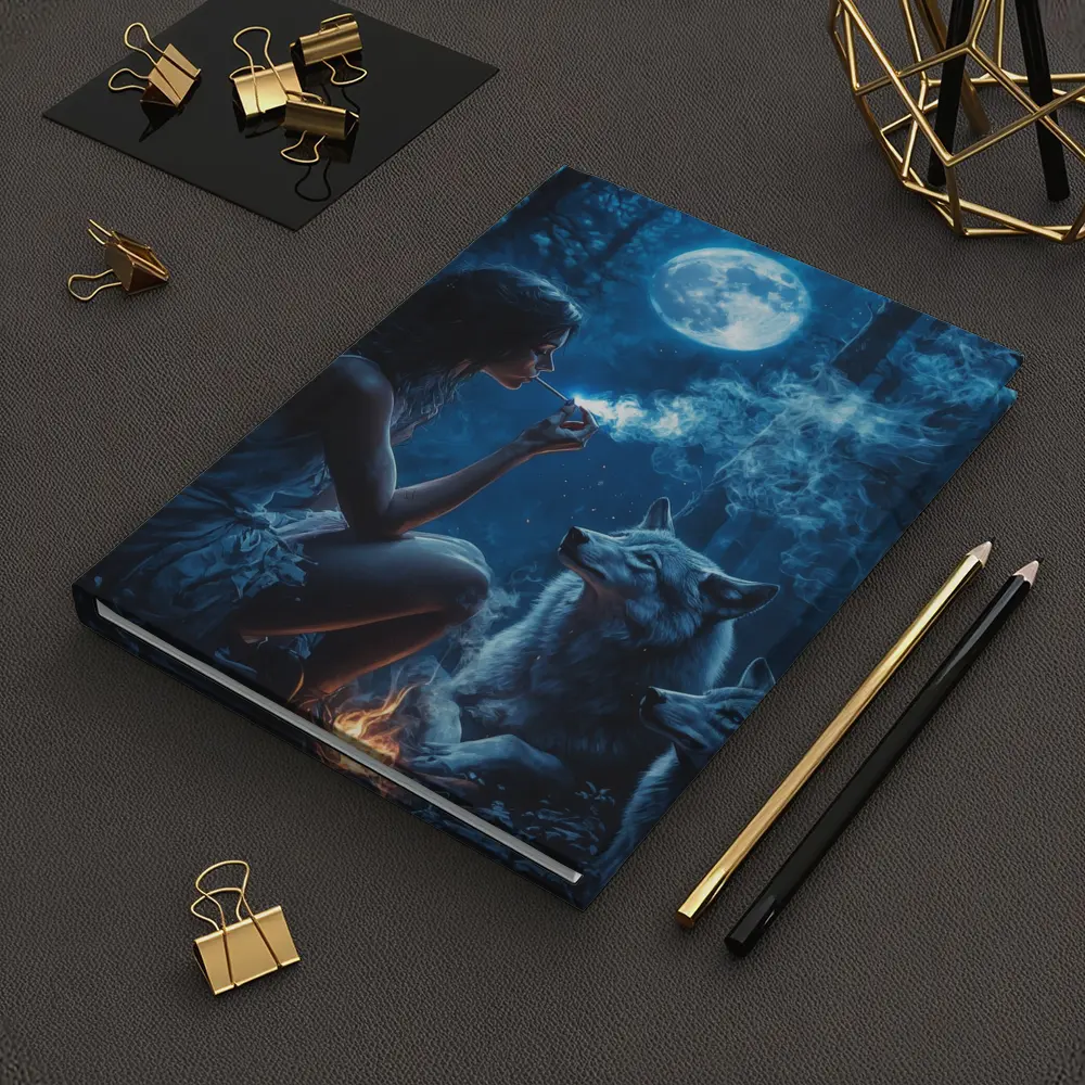 Woman With Wolves Moonlit Dark Forest – Notebooks