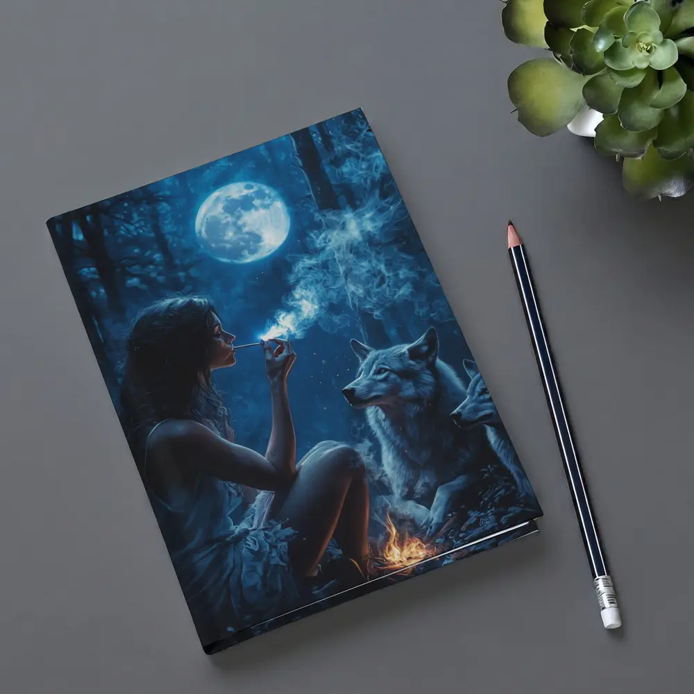 Woman With Wolves Moonlit Dark Forest – Notebooks