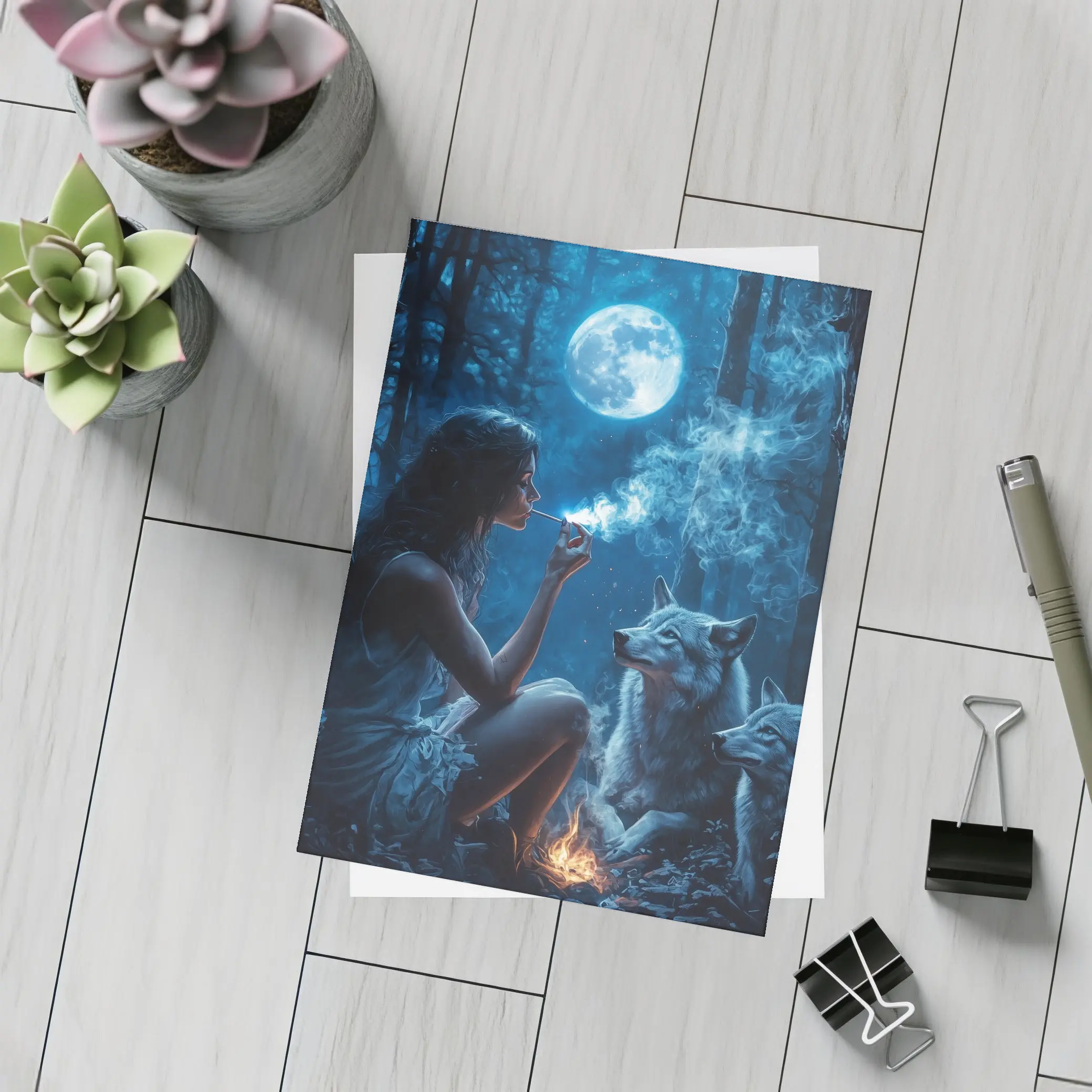 Woman With Wolves Moonlit Dark Forest – Postcards