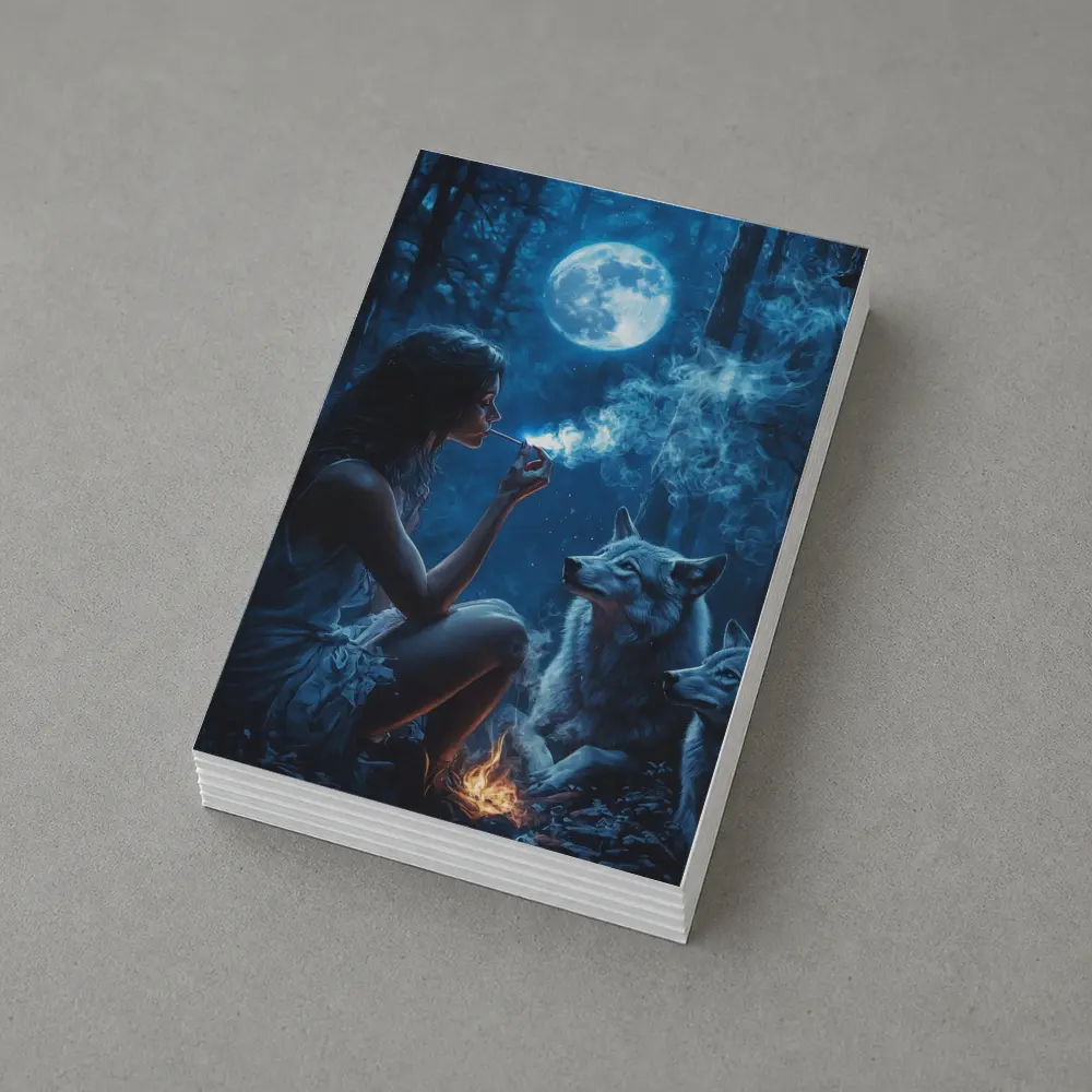 Woman With Wolves Moonlit Dark Forest – Postcards