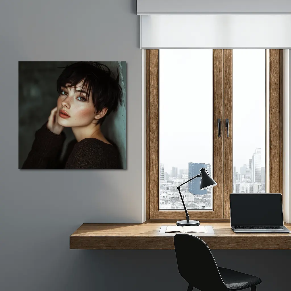 Dark Hair Woman Portrait Moody Gray Background – Wall Art
