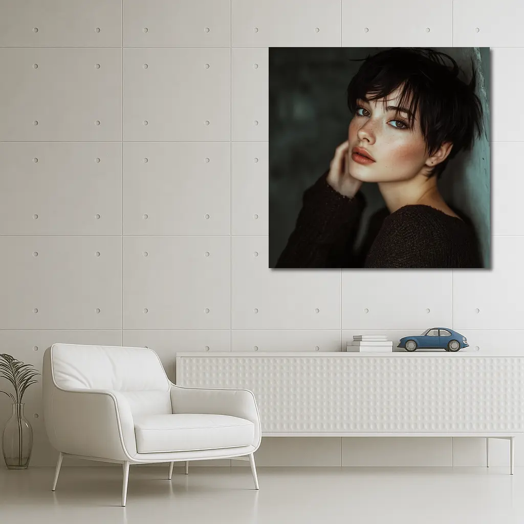 Dark Hair Woman Portrait Moody Gray Background – Wall Art